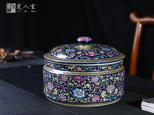 祭藍琺瑯瓷普洱餅茶葉罐